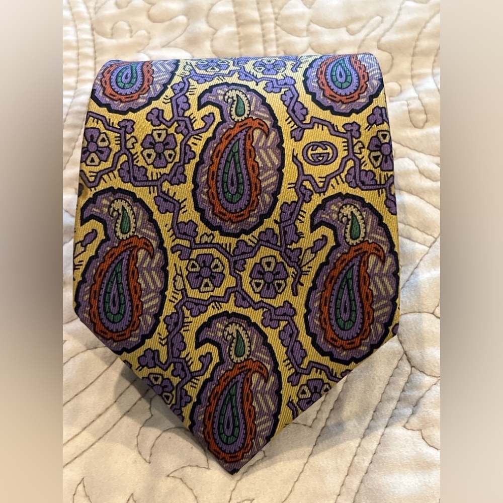 Vintage Gucci Yellow Paisley Silk Tie with Purple and Green Accents